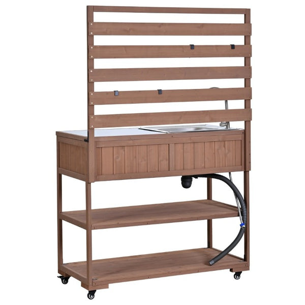 English Elm With Topmax Outdoor Rolling Kitchen Island Solid Fir Cart Stainless Sink and Lockable Wheels Brown N717P417966D