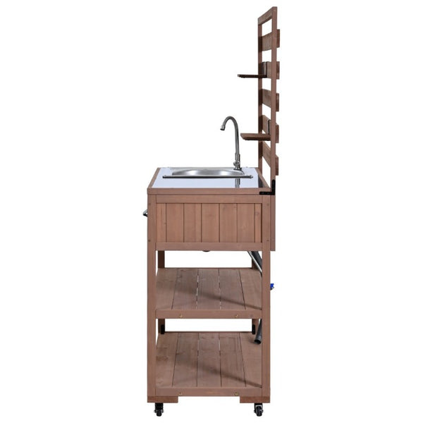 English Elm With Topmax Outdoor Rolling Kitchen Island Solid Fir Cart Stainless Sink and Lockable Wheels Brown N717P417966D