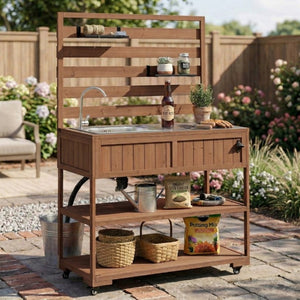 English Elm With Topmax Outdoor Rolling Kitchen Island Solid Fir Cart Stainless Sink and Lockable Wheels Brown N717P417966D