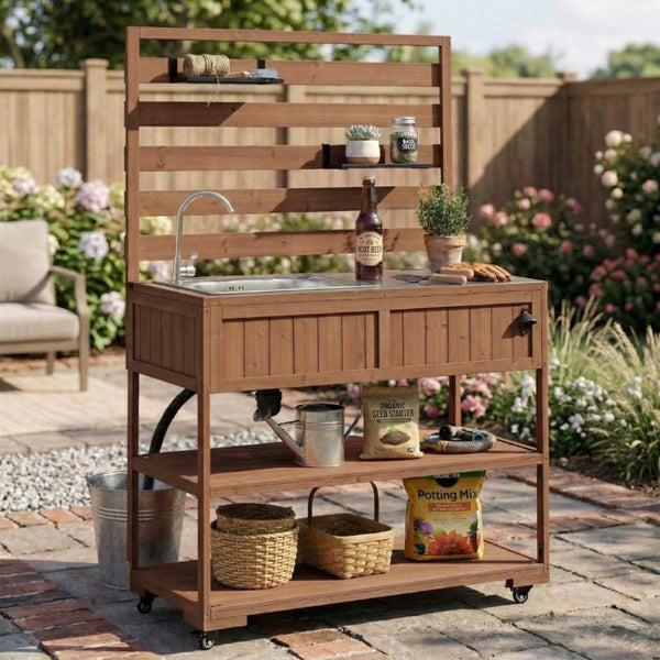 English Elm With Topmax Outdoor Rolling Kitchen Island Solid Fir Cart Stainless Sink and Lockable Wheels Brown N717P417966D
