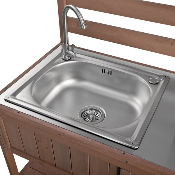 English Elm With Topmax Outdoor Rolling Kitchen Island Solid Fir Cart Stainless Sink and Lockable Wheels Brown N717P417966D