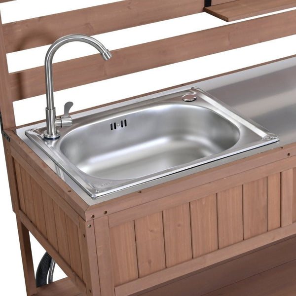 English Elm With Topmax Outdoor Rolling Kitchen Island Solid Fir Cart Stainless Sink and Lockable Wheels Brown N717P417966D