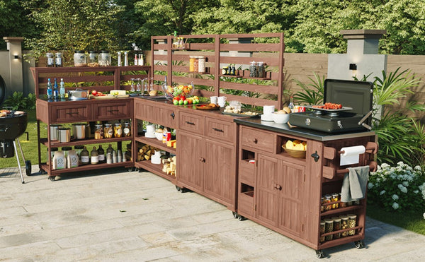 English Elm With Topmax Outdoor Rolling Kitchen Island Solid Fir Cart Stainless Sink and Lockable Wheels Brown N717P417966D