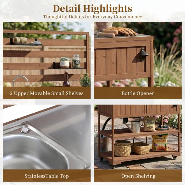 English Elm With Topmax Outdoor Rolling Kitchen Island Solid Fir Cart Stainless Sink and Lockable Wheels Brown N717P417966D