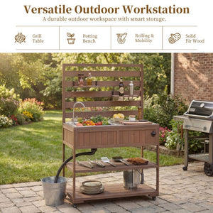 English Elm With Topmax Outdoor Rolling Kitchen Island Solid Fir Cart Stainless Sink and Lockable Wheels Brown N717P417966D