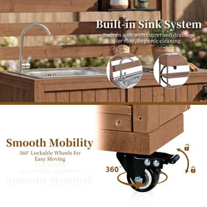 English Elm With Topmax Outdoor Rolling Kitchen Island Solid Fir Cart Stainless Sink and Lockable Wheels Brown N717P417966D