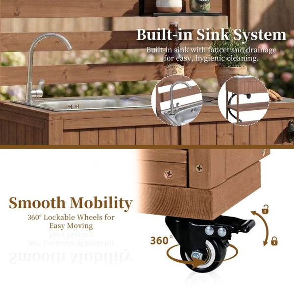 English Elm With Topmax Outdoor Rolling Kitchen Island Solid Fir Cart Stainless Sink and Lockable Wheels Brown N717P417966D