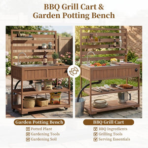 English Elm With Topmax Outdoor Rolling Kitchen Island Solid Fir Cart Stainless Sink and Lockable Wheels Brown N717P417966D
