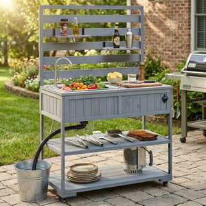 English Elm With Topmax Outdoor Rolling Kitchen Island Solid Fir Cart Stainless Sink and Lockable Wheels Gray N717P417966E