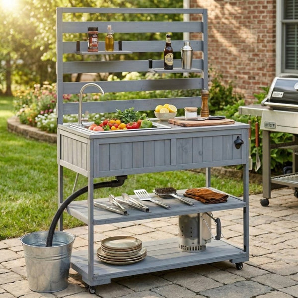 English Elm With Topmax Outdoor Rolling Kitchen Island Solid Fir Cart Stainless Sink and Lockable Wheels Gray N717P417966E