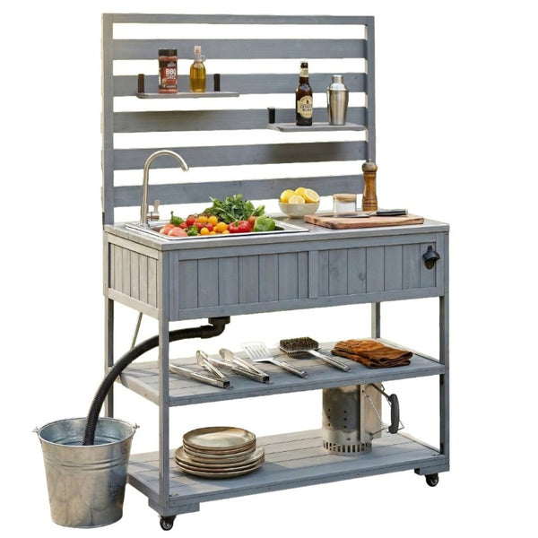 English Elm With Topmax Outdoor Rolling Kitchen Island Solid Fir Cart Stainless Sink and Lockable Wheels Gray N717P417966E