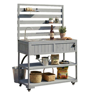 English Elm With Topmax Outdoor Rolling Kitchen Island Solid Fir Cart Stainless Sink and Lockable Wheels Gray N717P417966E