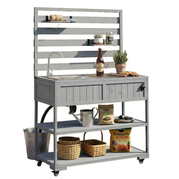 English Elm With Topmax Outdoor Rolling Kitchen Island Solid Fir Cart Stainless Sink and Lockable Wheels Gray N717P417966E