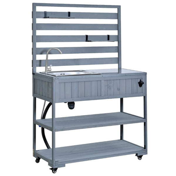 English Elm With Topmax Outdoor Rolling Kitchen Island Solid Fir Cart Stainless Sink and Lockable Wheels Gray N717P417966E
