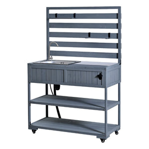 English Elm With Topmax Outdoor Rolling Kitchen Island Solid Fir Cart Stainless Sink and Lockable Wheels Gray N717P417966E