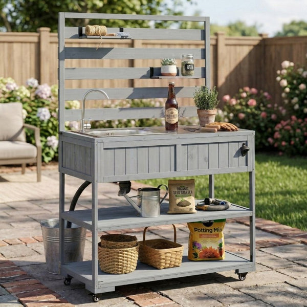 English Elm With Topmax Outdoor Rolling Kitchen Island Solid Fir Cart Stainless Sink and Lockable Wheels Gray N717P417966E