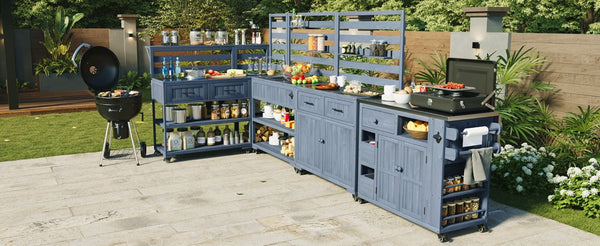 English Elm With Topmax Outdoor Rolling Kitchen Island Solid Fir Cart Stainless Sink and Lockable Wheels Gray N717P417966E