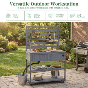 English Elm With Topmax Outdoor Rolling Kitchen Island Solid Fir Cart Stainless Sink and Lockable Wheels Gray N717P417966E