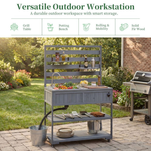 English Elm With Topmax Outdoor Rolling Kitchen Island Solid Fir Cart Stainless Sink and Lockable Wheels Gray N717P417966E
