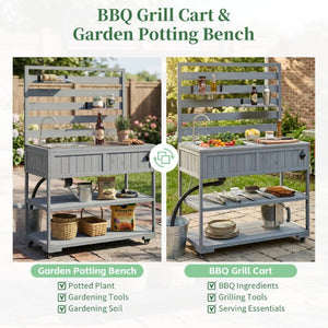 English Elm With Topmax Outdoor Rolling Kitchen Island Solid Fir Cart Stainless Sink and Lockable Wheels Gray N717P417966E