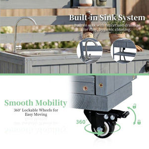 English Elm With Topmax Outdoor Rolling Kitchen Island Solid Fir Cart Stainless Sink and Lockable Wheels Gray N717P417966E