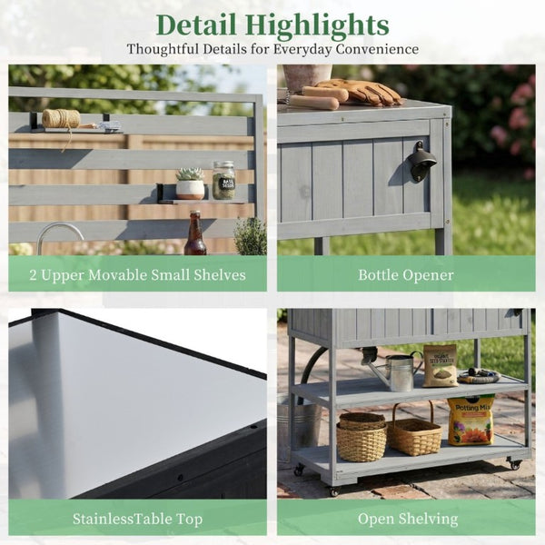 English Elm With Topmax Outdoor Rolling Kitchen Island Solid Fir Cart Stainless Sink and Lockable Wheels Gray N717P417966E