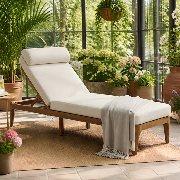 English Elm Topmax Solid Acacia Wood Outdoor Chaise Lounge with Adjustable Backrest and Cushioned Pillow Beige N717P448024A