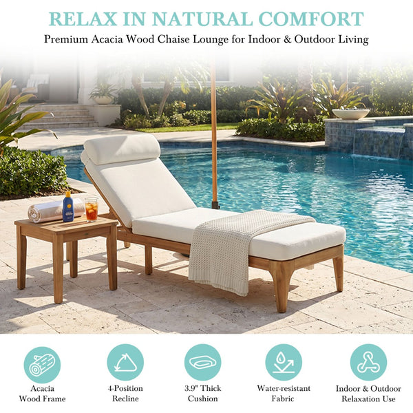 English Elm Topmax Solid Acacia Wood Outdoor Chaise Lounge with Adjustable Backrest and Cushioned Pillow Beige N717P448024A