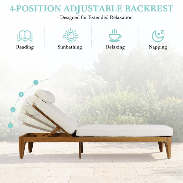 English Elm Topmax Solid Acacia Wood Outdoor Chaise Lounge with Adjustable Backrest and Cushioned Pillow Beige N717P448024A