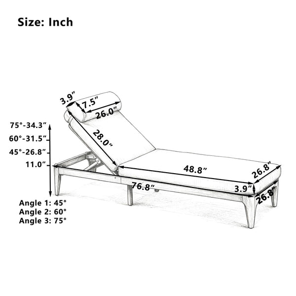 English Elm Topmax Solid Acacia Wood Outdoor Chaise Lounge with Adjustable Backrest and Cushioned Pillow Beige N717P448024A