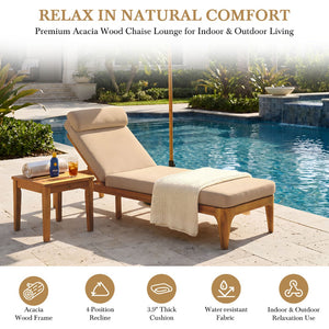 English Elm Topmax Solid Acacia Wood Outdoor Chaise Lounge with Adjustable Backrest and Cushioned Pillow Brown N717P448024D