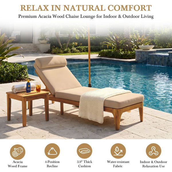 English Elm Topmax Solid Acacia Wood Outdoor Chaise Lounge with Adjustable Backrest and Cushioned Pillow Brown N717P448024D