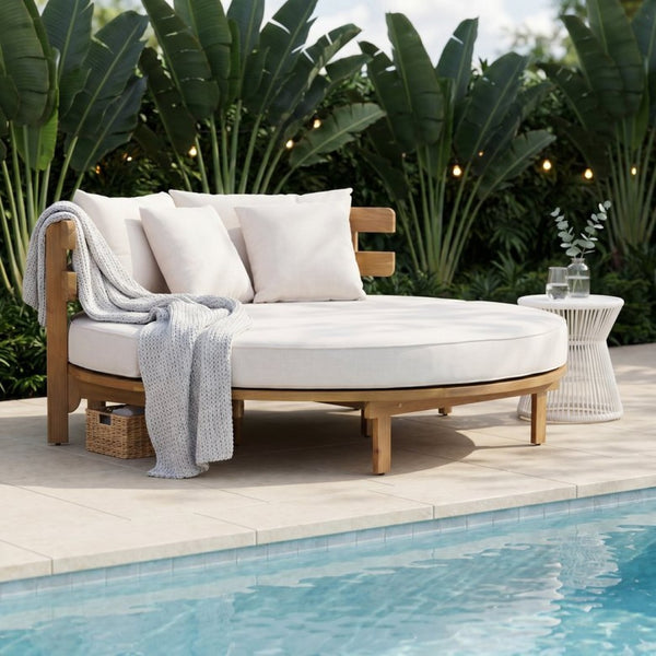 English Elm Topmax Acacia Wood Round Outdoor Daybed with Slatted Backrest Cushion and Pillows N717P453341A