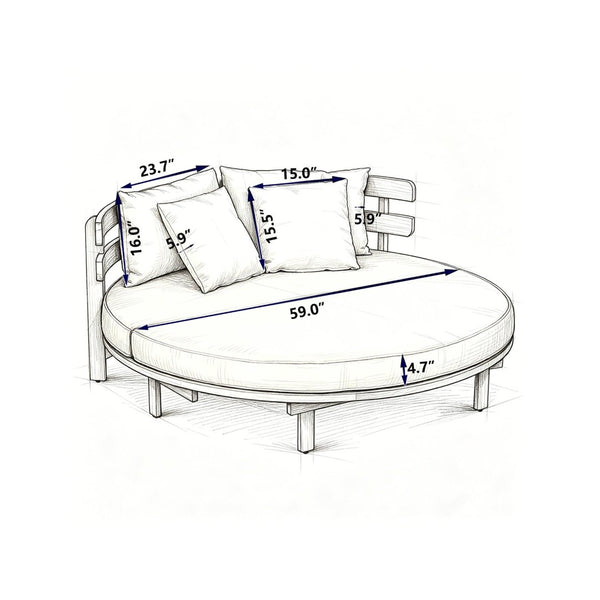 English Elm Topmax Acacia Wood Round Outdoor Daybed with Slatted Backrest Cushion and Pillows N717P453341A
