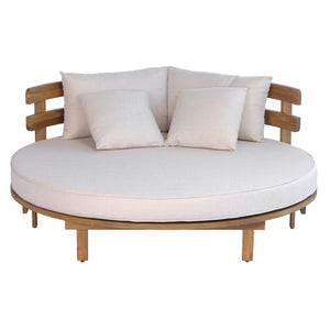 English Elm Topmax Acacia Wood Round Outdoor Daybed with Slatted Backrest Cushion and Pillows N717P453341A