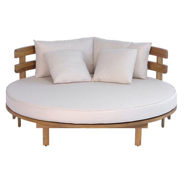 English Elm Topmax Acacia Wood Round Outdoor Daybed with Slatted Backrest Cushion and Pillows N717P453341A