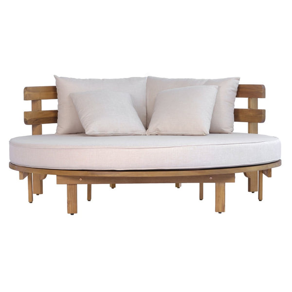 English Elm Topmax Acacia Wood Round Outdoor Daybed with Slatted Backrest Cushion and Pillows N717P453341A