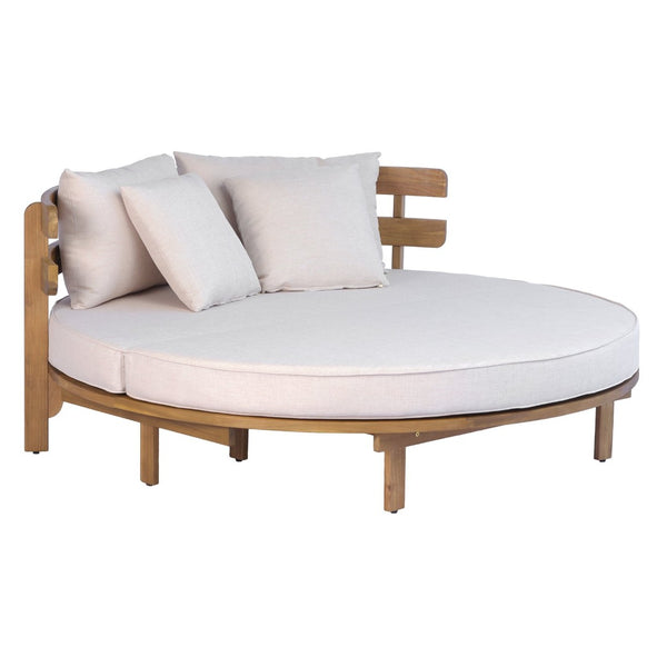 English Elm Topmax Acacia Wood Round Outdoor Daybed with Slatted Backrest Cushion and Pillows N717P453341A