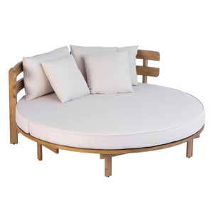 English Elm Topmax Acacia Wood Round Outdoor Daybed with Slatted Backrest Cushion and Pillows N717P453341A