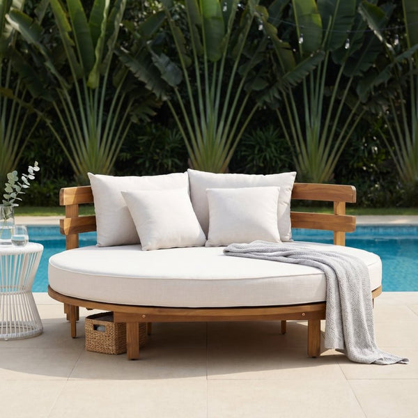 English Elm Topmax Acacia Wood Round Outdoor Daybed with Slatted Backrest Cushion and Pillows N717P453341A
