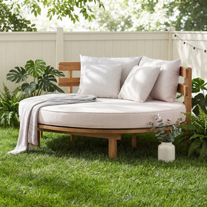 English Elm Topmax Acacia Wood Round Outdoor Daybed with Slatted Backrest Cushion and Pillows N717P453341A