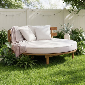 English Elm Topmax Acacia Wood Round Outdoor Daybed with Slatted Backrest Cushion and Pillows N717P453341A