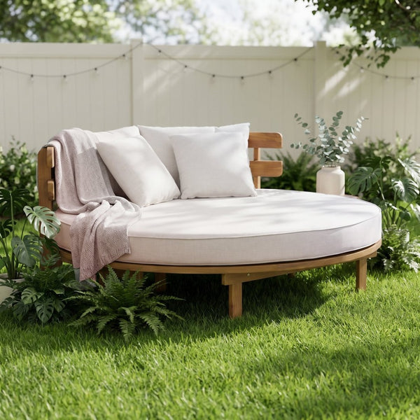 English Elm Topmax Acacia Wood Round Outdoor Daybed with Slatted Backrest Cushion and Pillows N717P453341A