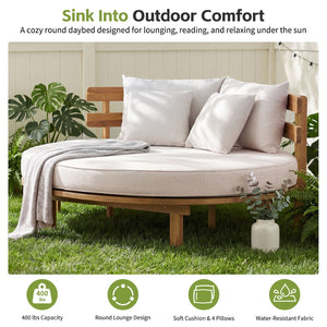 English Elm Topmax Acacia Wood Round Outdoor Daybed with Slatted Backrest Cushion and Pillows N717P453341A
