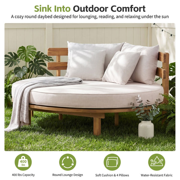 English Elm Topmax Acacia Wood Round Outdoor Daybed with Slatted Backrest Cushion and Pillows N717P453341A