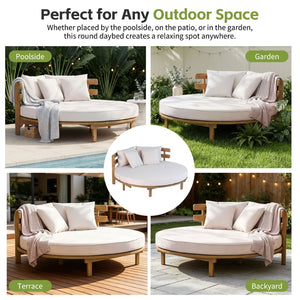 English Elm Topmax Acacia Wood Round Outdoor Daybed with Slatted Backrest Cushion and Pillows N717P453341A