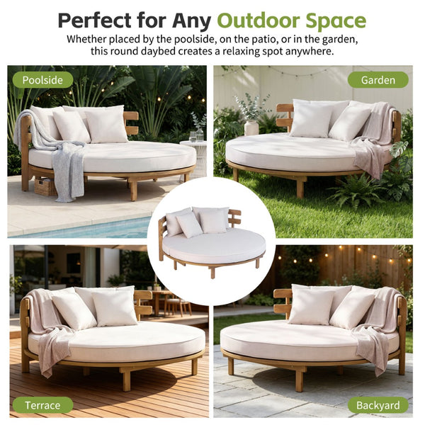 English Elm Topmax Acacia Wood Round Outdoor Daybed with Slatted Backrest Cushion and Pillows N717P453341A