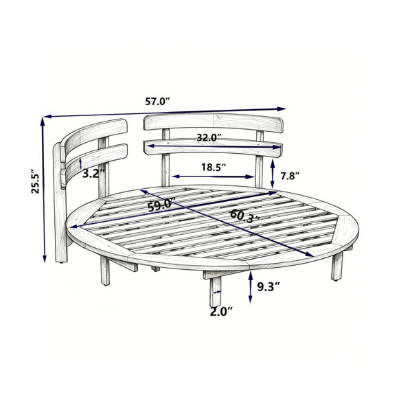 English Elm Topmax Acacia Wood Round Outdoor Daybed with Slatted Backrest Cushion and Pillows N717P453341A