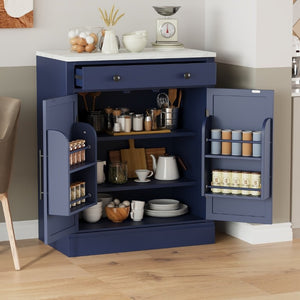 English Elm Assembly Topmax Modern Pantry Cabinet with Marble Countertop Drawer and Adjustable Shelves Blue N717P497477C