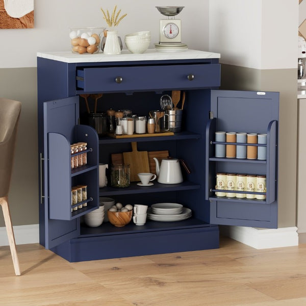 English Elm Assembly Topmax Modern Pantry Cabinet with Marble Countertop Drawer and Adjustable Shelves Blue N717P497477C